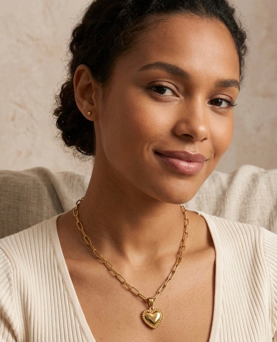 Golden Beaded Heart Pendant Necklace - Image 2