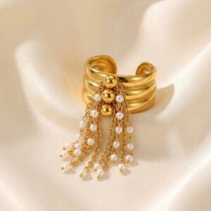 Golden Pearl Dangle Stack Ring