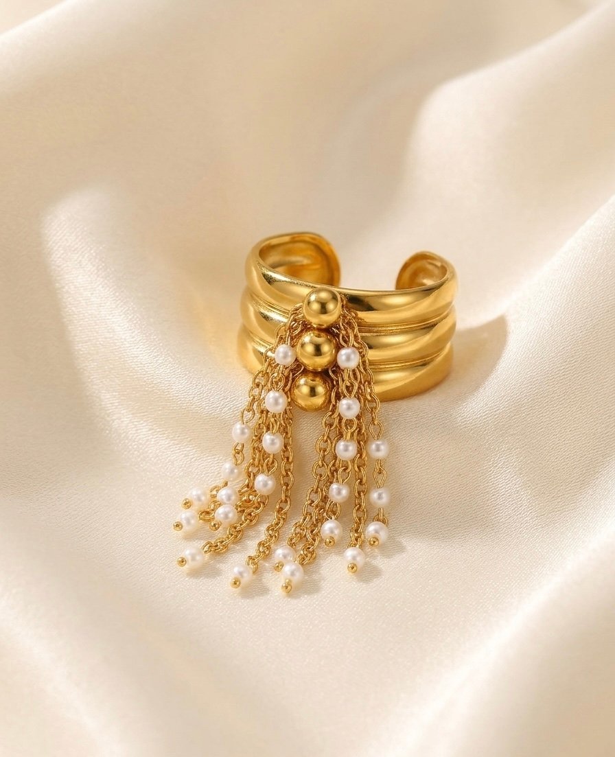 Golden Pearl Dangle Stack Ring