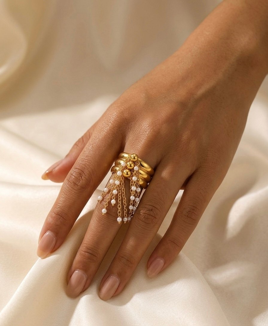 Golden Pearl Dangle Stack Ring - Image 2