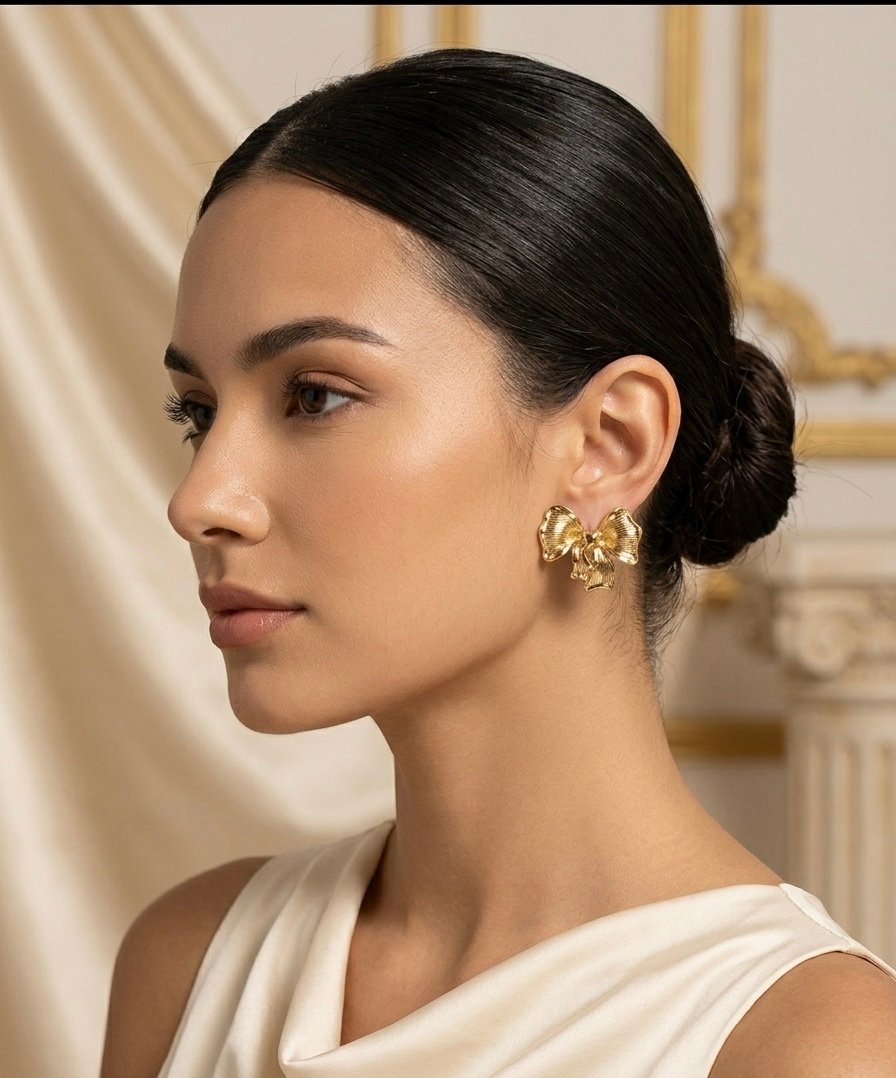 Golden Ribbon Luxe Bow Earrings - Image 2