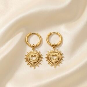 Golden Sunburst Heart Hoop Earrings