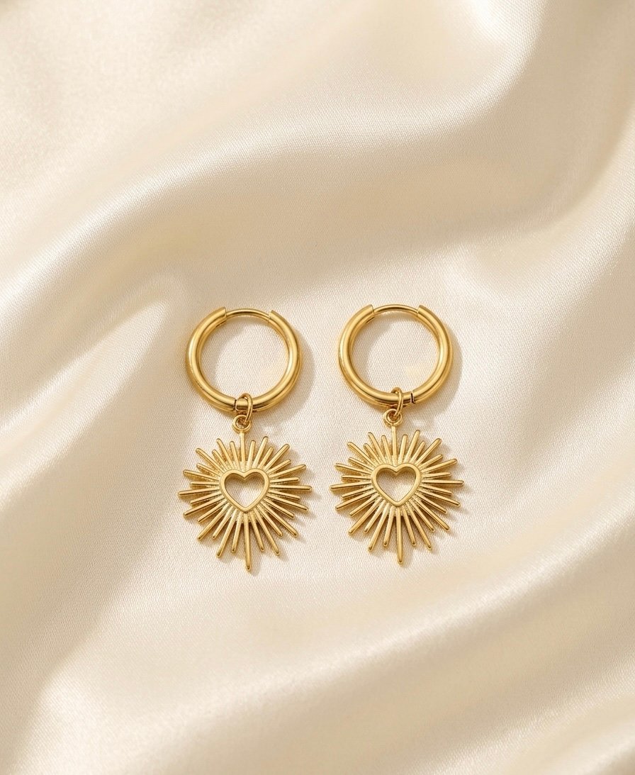 Golden Sunburst Heart Hoop Earrings