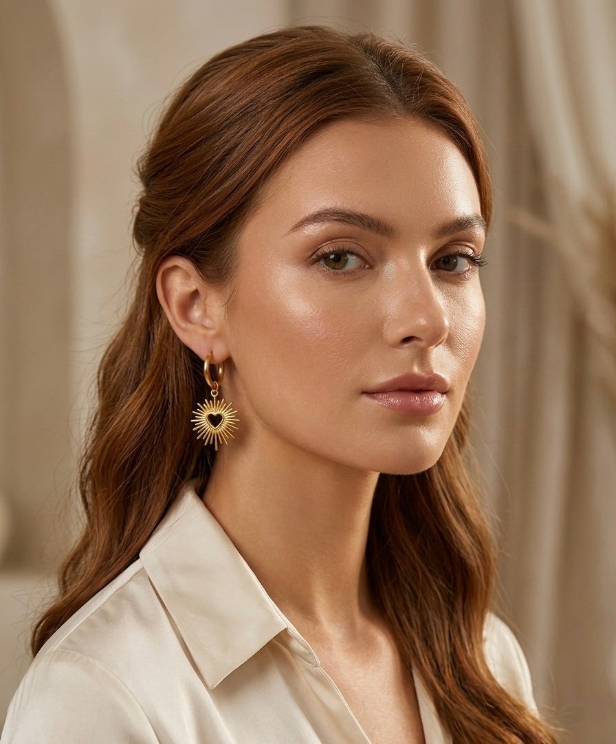 Golden Sunburst Heart Hoop Earrings - Image 2
